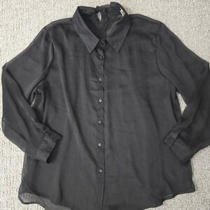 Passport Sheer Black Button Up Blouse 2X Tie Neck Goth Minimalist